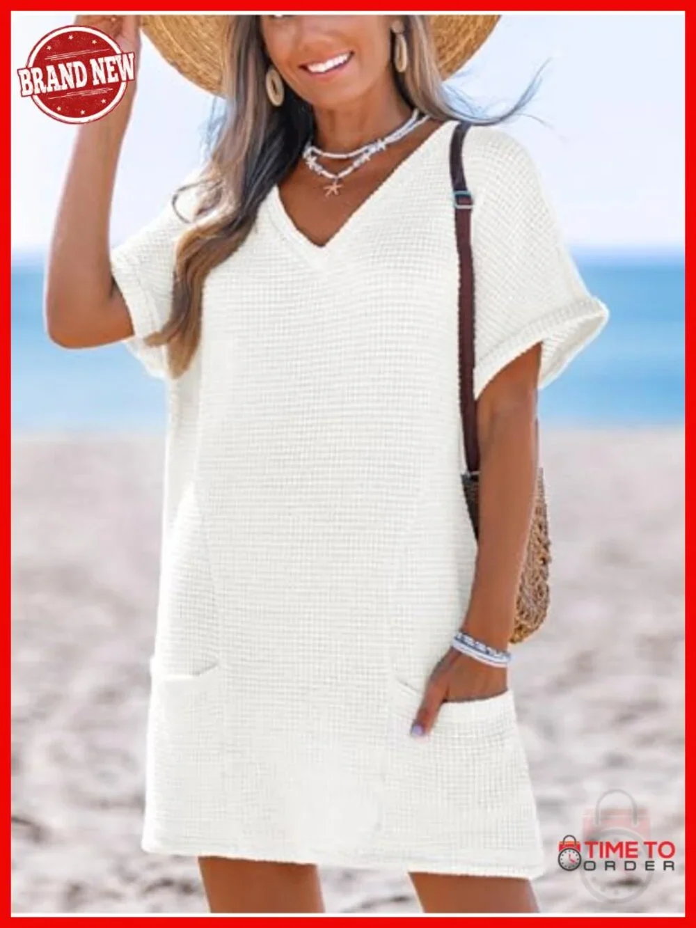 Waffle Knit V Neck Short Sleeve Beach Coverup Dress with Pockets
